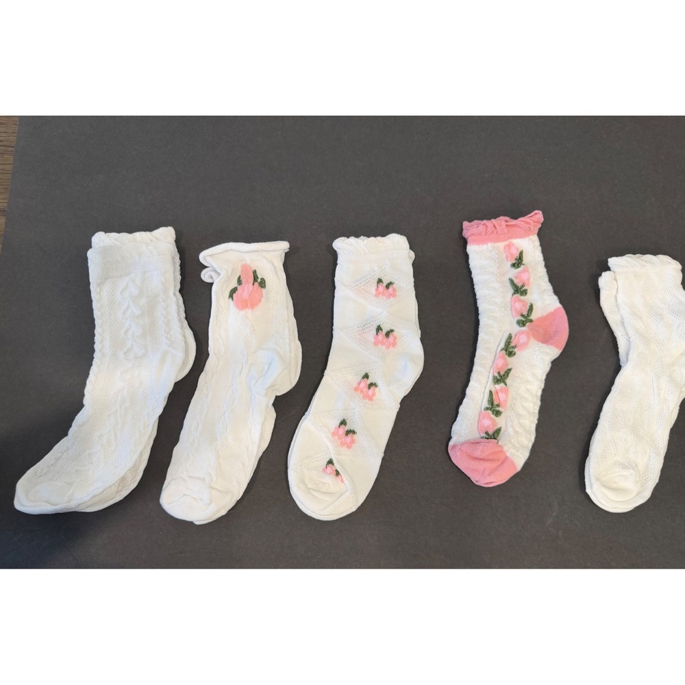 Floral Embroidered Pointelle One Size White Pink  5-Pair Set Crew Socks New